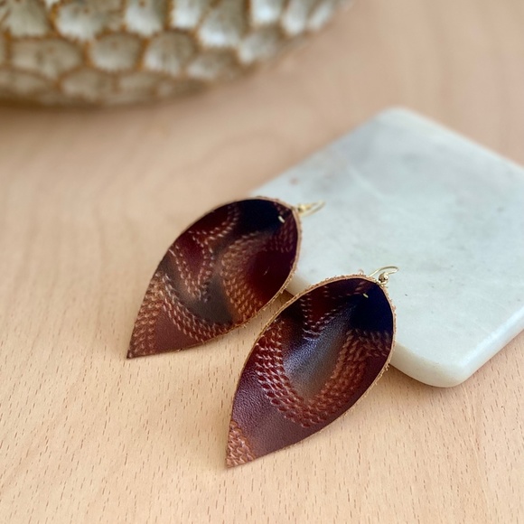 Jewelry - Leather Embossed Earrings- Brown Swirl & Gold